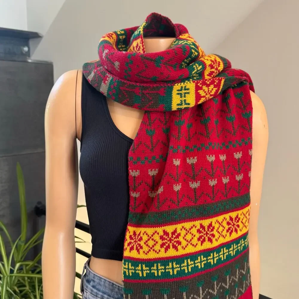 Vintage Fair Isle Knit Blanket Scarf Oversized Holiday Christmas Moose 76
